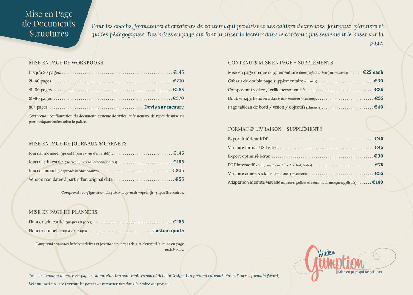Mise en page de workbooks, journaux et planners pour coachs, formateurs et créateurs de formations. Structures conçues pour l'impression à la demande et le numérique, avec versions PDF remplissables. Réalisé sous InDesign.